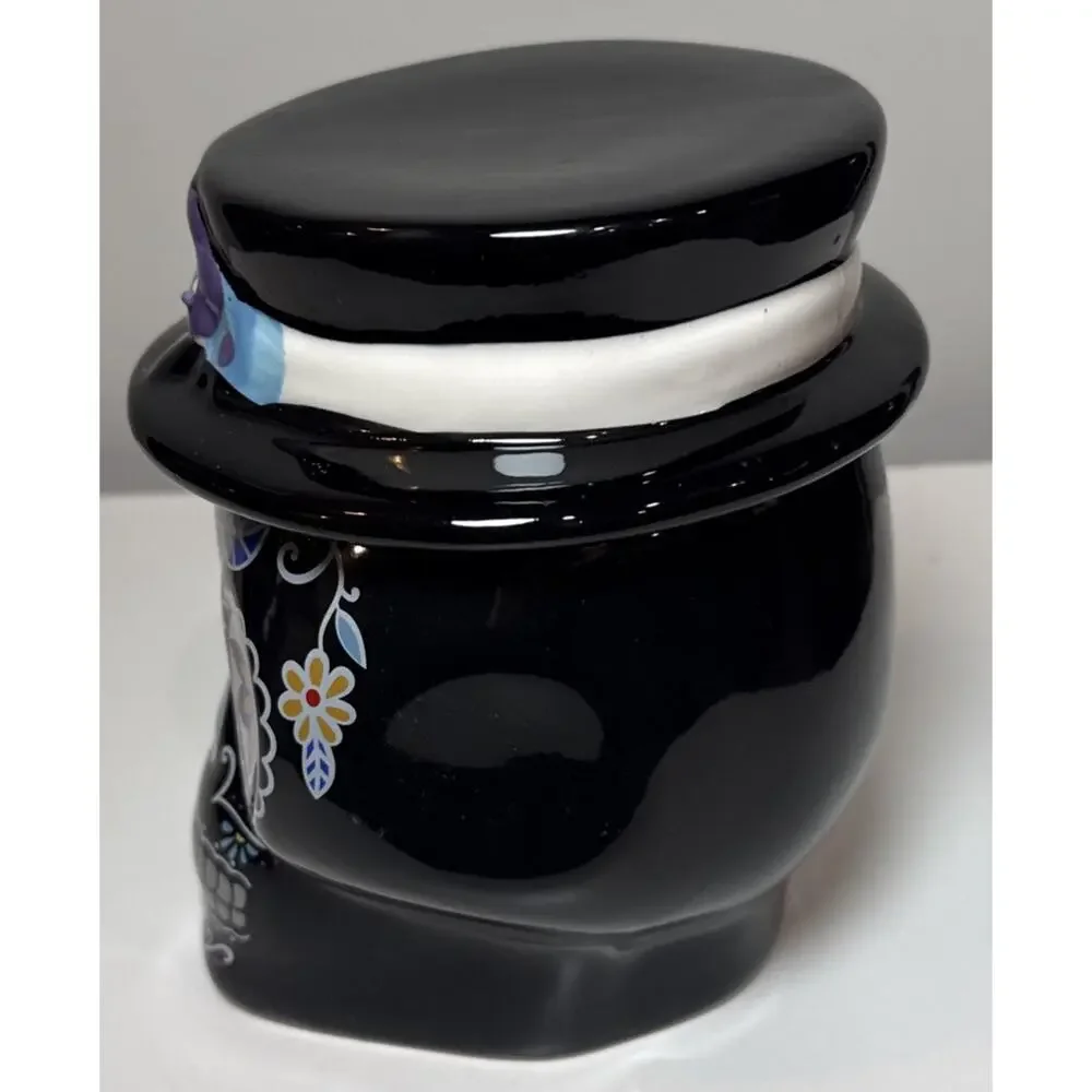 Dia De Los Muertos Sugar Skull Ceramic Canister Jar w/ Lid Top Hat Unused